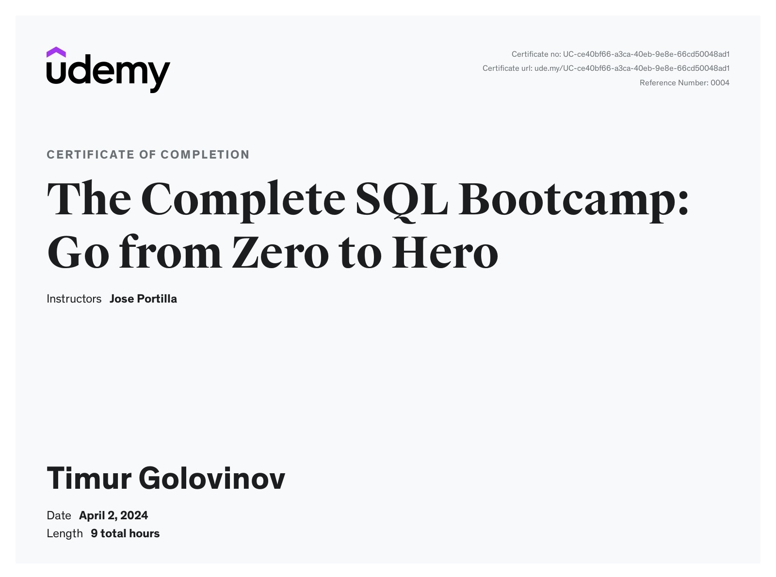 SQL Certificate by UDEMY